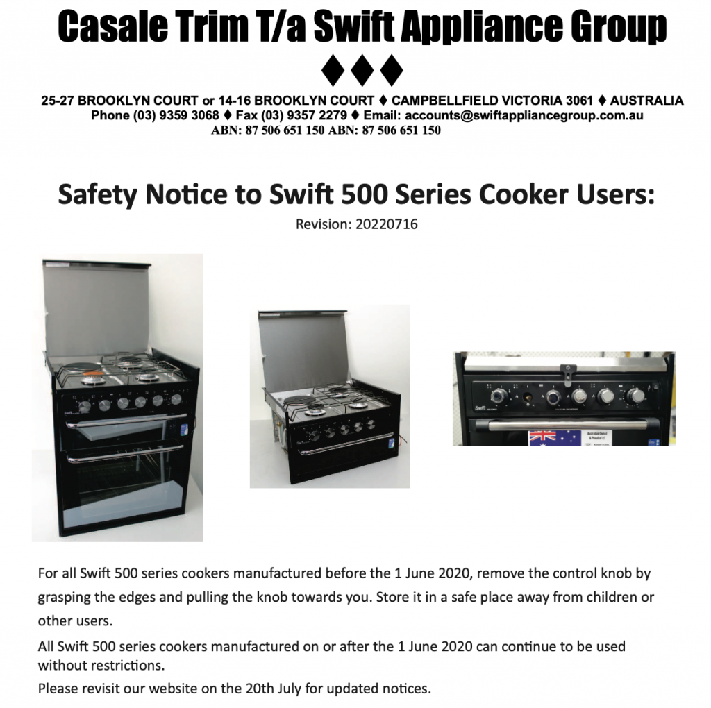 Sunseeker Caravans Swift 500 Series Cooker ** Important Public Notice
